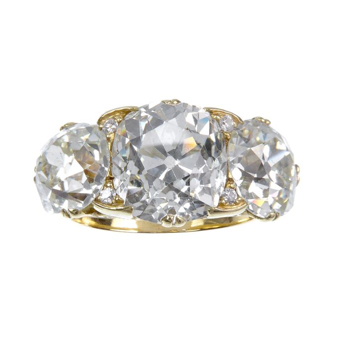 Three stone cushion cut diamond and gold ring | MasterArt
